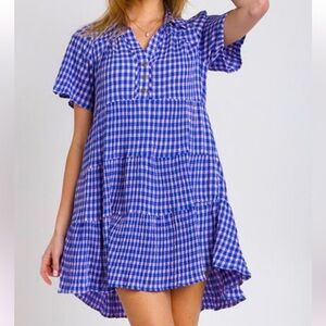 Umgee Blue and Lt Purple Gingham Tiered Button Detail Dress Size Medium